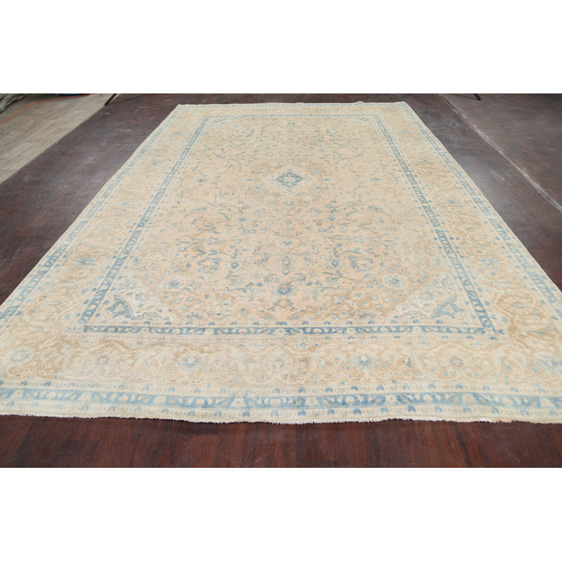 Tapis décoratif en laine noué à la main de conception unique 8 pi 2 po x 12 pi 2 po Diderich Ivoire/bleu