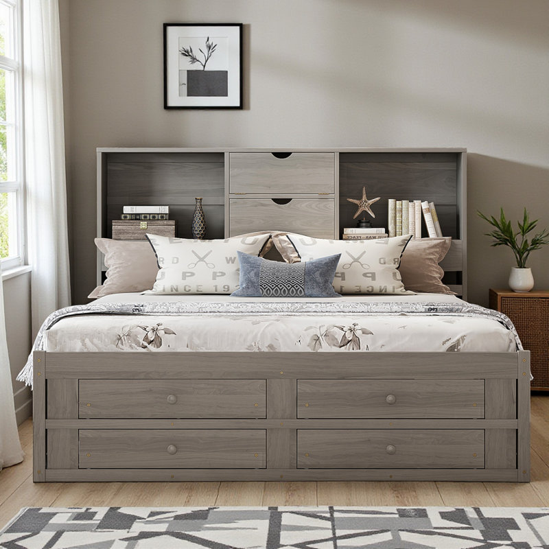 Brackney Platform Bed with Storage Headboard and 8 Drawers, Gray, King