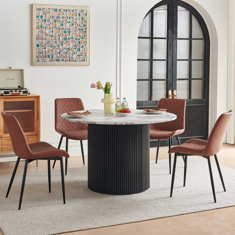 4-Person Dining Set, Brown, White Marble