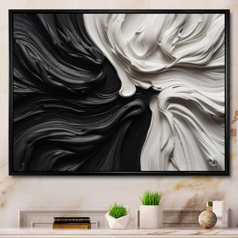 Noir et blanc marbré Dreamscape IV - art mural abstrait géométrique, H 12 po x l 20 po, Reproduction avec cadre flottant