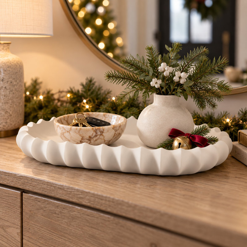 Decorative Oval Accent Tray with Scalloped Edge for Home Decor - Modern Home Decor Tray for Coffee Table, Kitchen, Trinket, or Jewelry - 18.75", Ivory