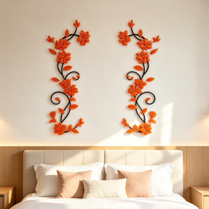 Autocollant mural 2 pièces en acrylique 3D Crystal Rose Vine, art mural décoratif pour fond de canapé de chambre à coucher, branche noire avec rose orange