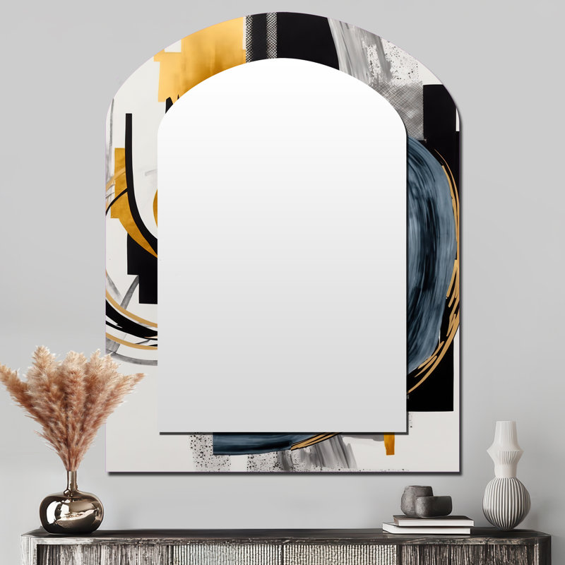Glam doré et noir Expression II - grand miroir en arc en spirale abstraite, miroir mural décoratif asymétrique moderne, impression d'art en métal