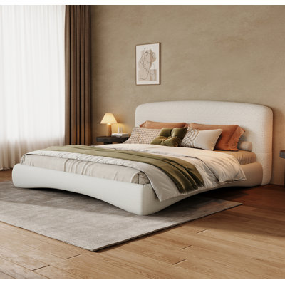 Curved Upholstered Bed with Smart Ambient Lighting,Cream,King