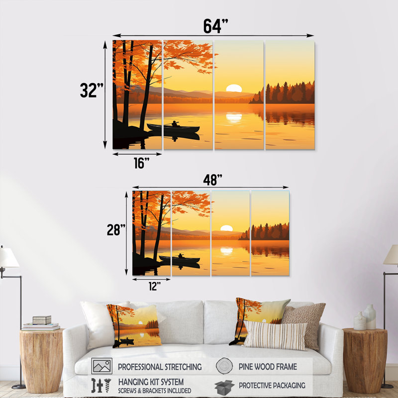 «Canoe By The Sunset Lake - Lake», art mural 4 pièces, H 32 po x l 64 po