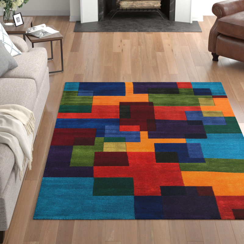 Tapis rouge / bleu / vert / jaune en laine touffeté à la main Beucher, Rectangle 8 pi x 11 pi