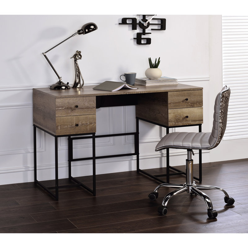 Bureau de style rustique moderne avec 4 rangements - Chêne et base de traîneau en métal noir