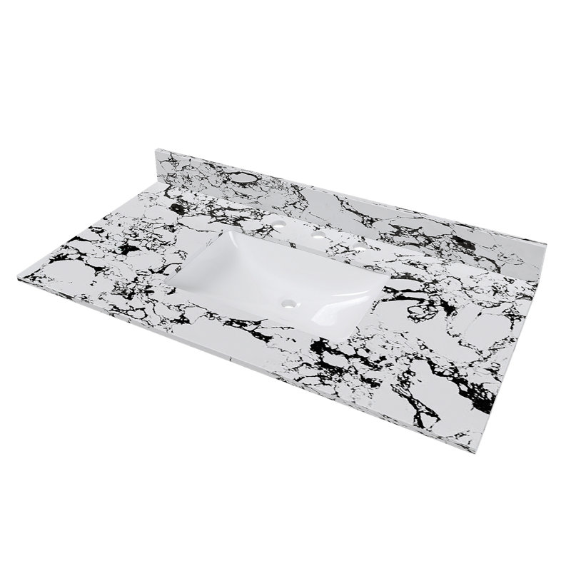 Plateau de meuble-lavabo 43 po x 22 po, avec lavabo et dosseret en céramique encastré, comptoir de salle de bain en marbre artificiel avec 3 trous de robinet, blanc panda