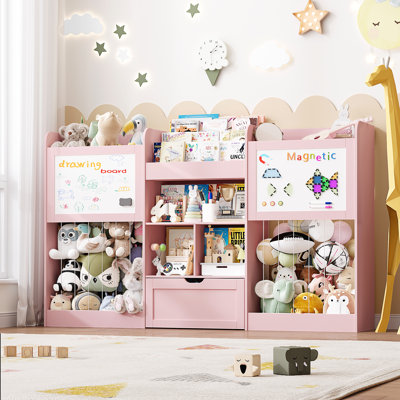 70.8"W Toy Storage Organizer with 3 Tier Montessori Bookshelf, 2 Magnetic Drawing Boards, Removable Drawer and 3 Cubbies, 2 Large Stuffed Animal Stora by Isabelle & Max