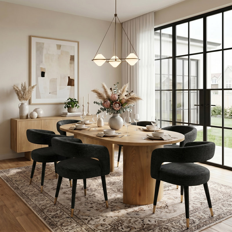 Modern 79" Oval Dining Table Set With 6 Upholstered Dining Arm Chairs, Black