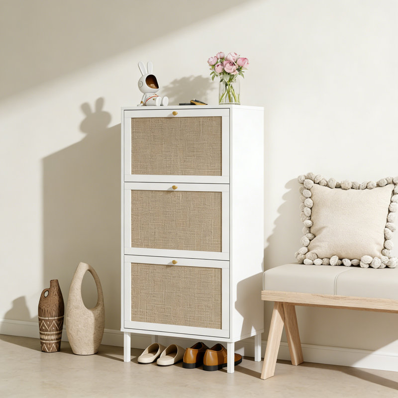Range-chaussures en rotin 3 portes, Blanc
