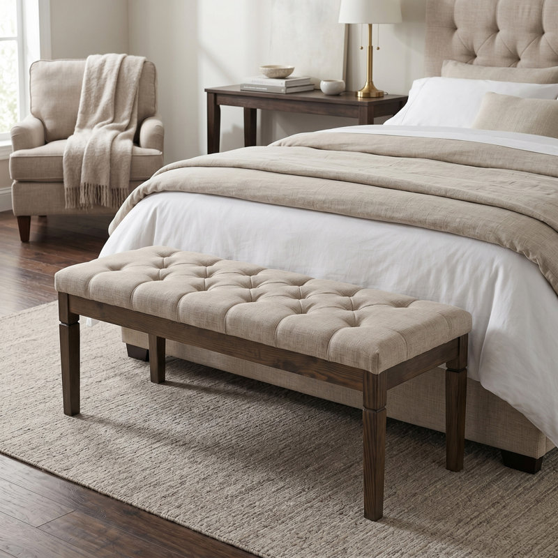 Waverly 48"W Linen Look Traditional Tufted Ottoman Bench with Carved Legs, Natural