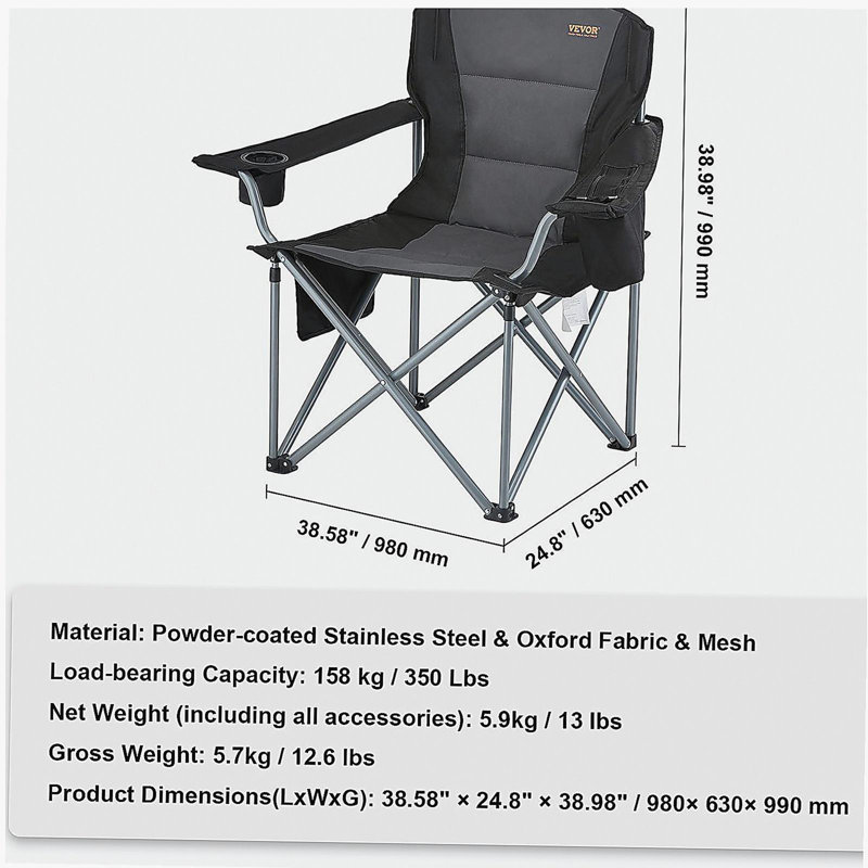 Camping Folding Chair for Adults, Portable Heavy Duty Outdoor Quad Lumbar Back Padded Arm Chairs with Side Pockets, Cup Holder and Cooler Bag for Beach, Lawn, Picnic, Fishing, Backpacking, Black