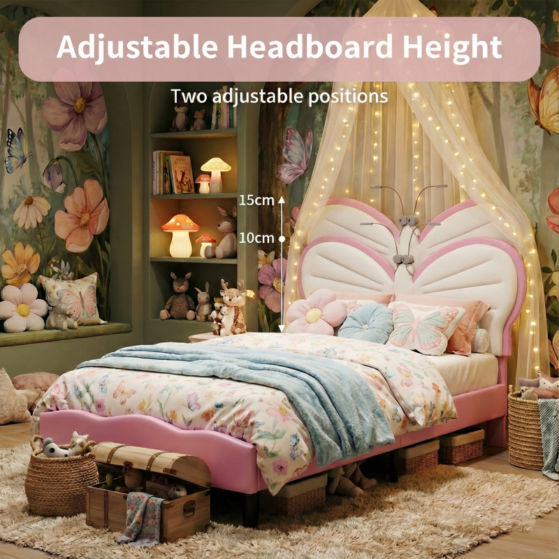 Kids Upholstery Butterfly Bed, Mixed Velvet & PU Leather Headboard With LED Antennae Lights & Adjustable Height, UK & EU Single (90X190/200cm)