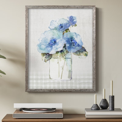 Gingham Blue Flowers II Framed Print - Solid Wood