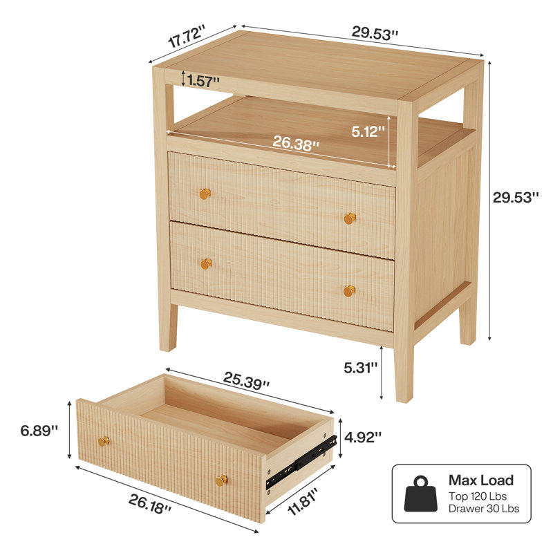 Farmhouse 2-Drawer Nightstand with Open Shelf, Modern Bedside Table in Oak