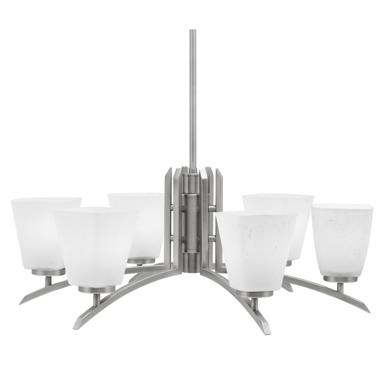 Lustre à 6 lumières kurve présenté avec une finition graphite et un verre carré blanc en mousseline de 4,5 po