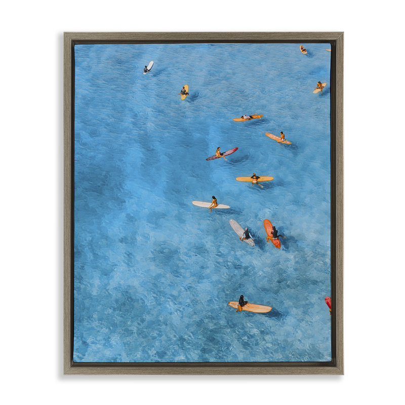 Surfeurs tranquilles sur un cadre flottant, conception de Jesse Keith, Montalcino orme flottant encadré, H 21 po x l 17 po