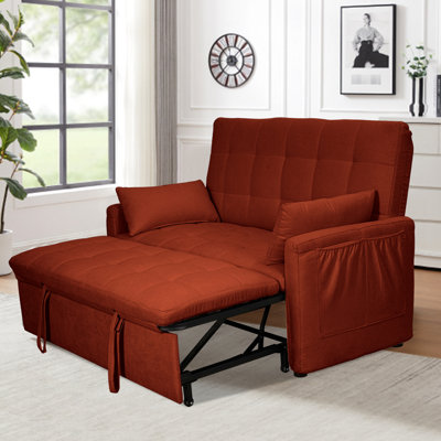 61 - Inch Large Size Sleeper For Bedroom, Apartment, Dorm, Reinforced Iron Frame, Side Storage, Adjustable , Red Linen And Burlap 2 In 1 Convertible Bed With Structure, Storage On Both Sides,
