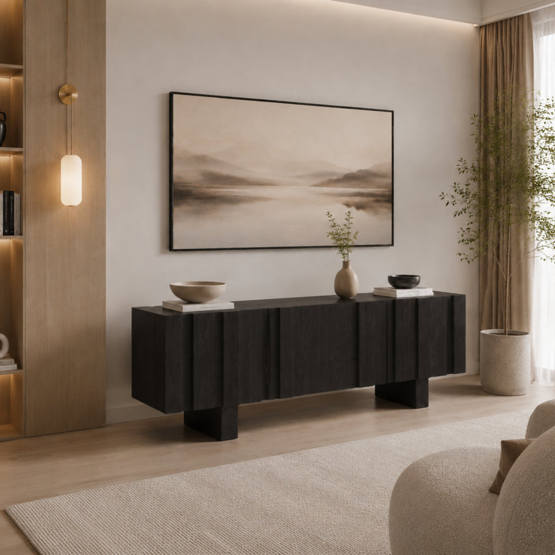 Meuble télé 70,9 po, meuble télé de salon avec rangement et deux pieds hauts, Black