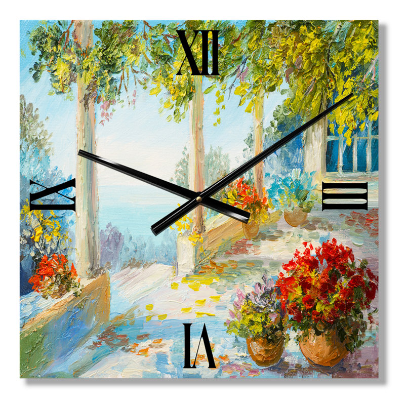 Horloge murale terrasse près de la mer avec fleurs, Très grand