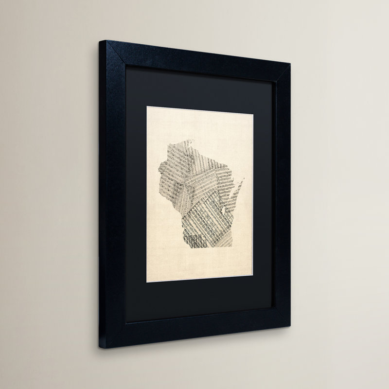 " Old Sheet Music Map Of Wisconsin " by Michael Tompsett, 14" H x 11" W x 0.5" D, Black Framed Canvas, Black