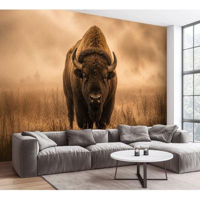 Wall Mural Peel and Stick Wallpaper Majestic Bison Standing Foggy Grassland Sunrise Self-Adhesive Removable Contact Paper Wall Decor for Living Room Bedroom 100"H x 144"W