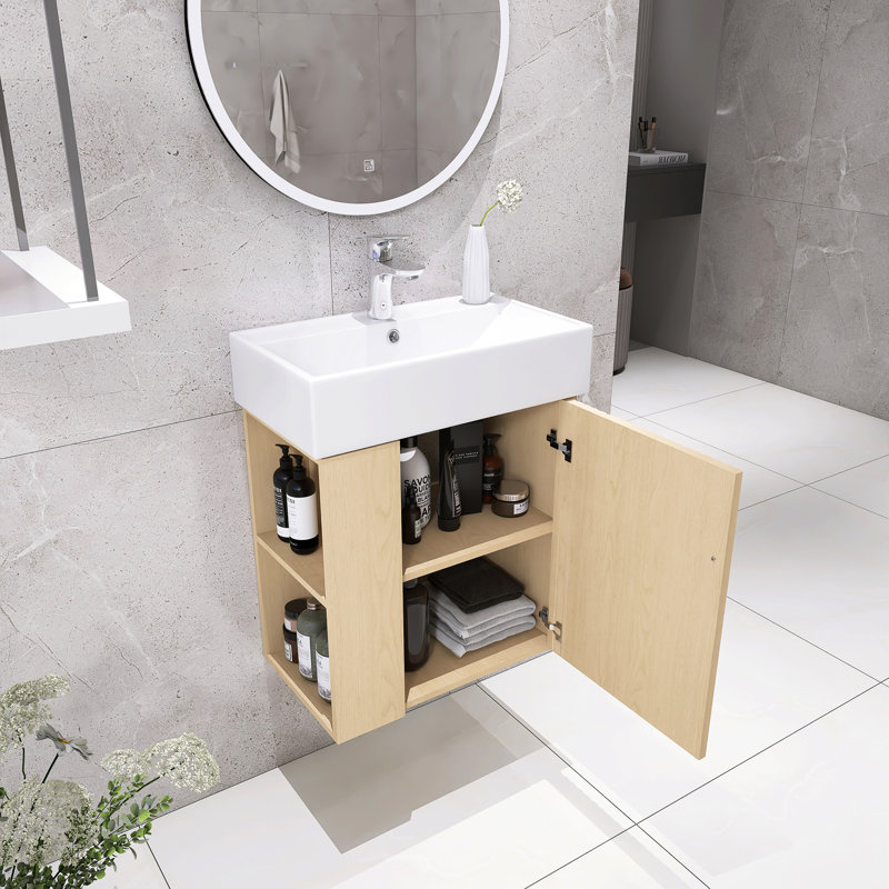 21,6 po Petit meuble-lavabo mural moderne avec lavabo en céramique et rangement à gauche, Bois, Noir