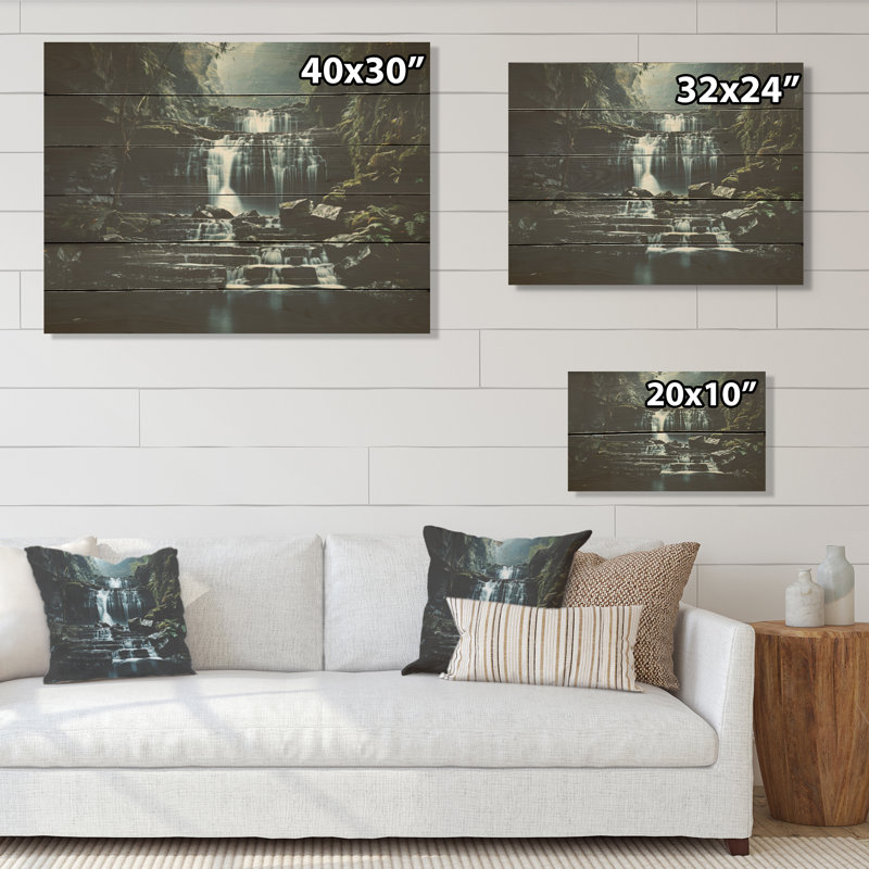 «Waterfall Cliff Scenery - Waterfall», art mural sur bois de pin naturel, H 10 po x l 20 po