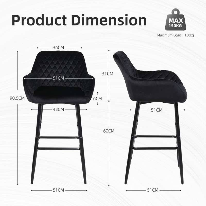 Bar Stools Velvet Fabric With Backrest And Armrests, Auitable For Kitchen, Home, Bar, Counter, Grey, 4