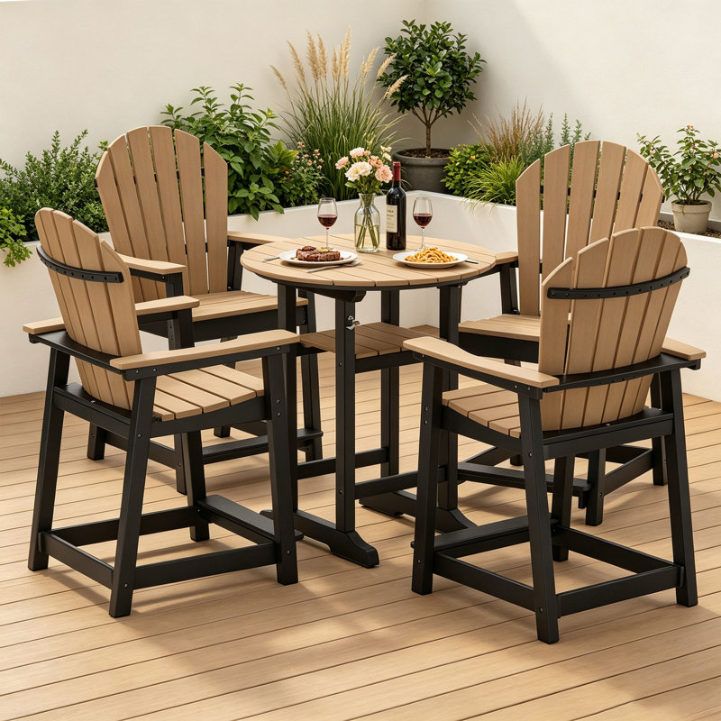 Ensemble de bar en PEHD 5 pièces, chaises Adirondack pour patio avec table ronde de 31,5 po, Noir / brun