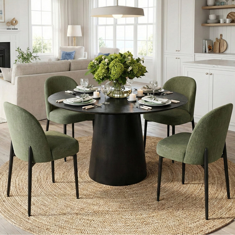 Ensemble de salle à manger rond avec table à pied centrale et 4 chaises de salle à manger rembourrées, Vert
