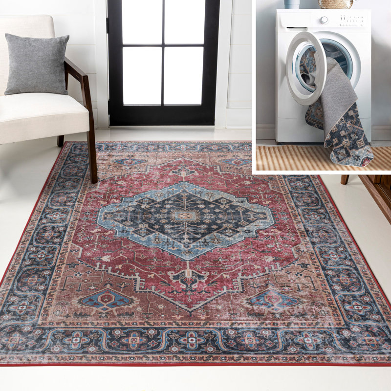 Sarok Ogee Medallion Machine-Washable Red/Blue/Brown Rug, Rectangle 2'11" x 5'