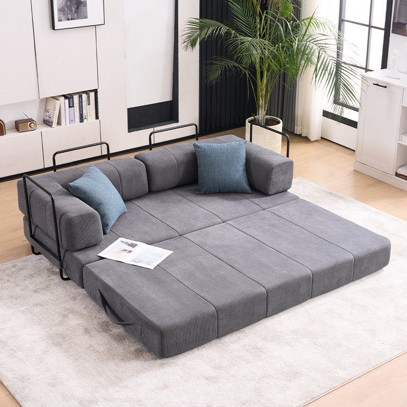 Fold Out 78.5" 3 - Seater Futon With 2 Pillows, Convertible Bed, Foam Spring Floor Mattress, For Living Room, Apartment, Office, Grey Corduroy, Flexible Combination Couch Mattress