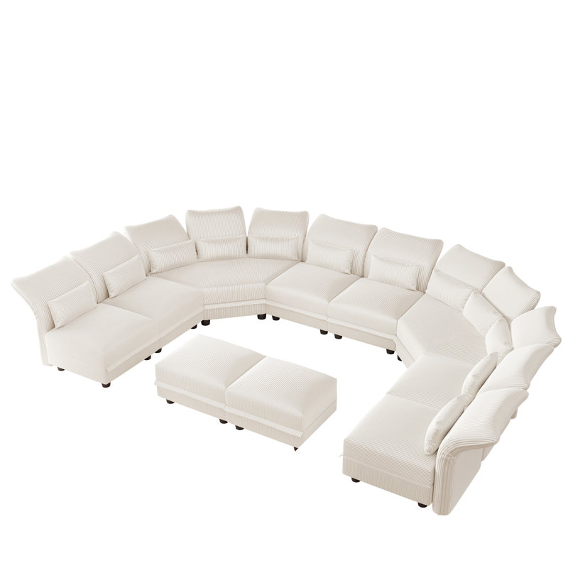 U-Shaped Corduroy Upholstered Modular Sectional Couches With Storage, 10 Seat Sofa With Adjustable Arms Backs For Living Room, Beige