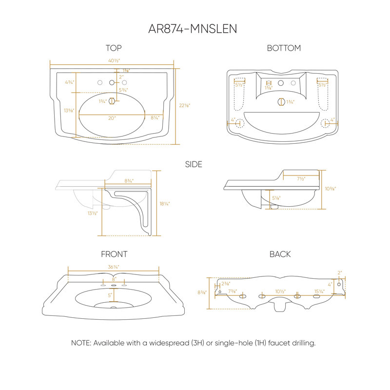 Grand lavabo mural traditionnel 40 "avec support ovale intégré et supports en céramique Whitehaus, Centres de 8 po