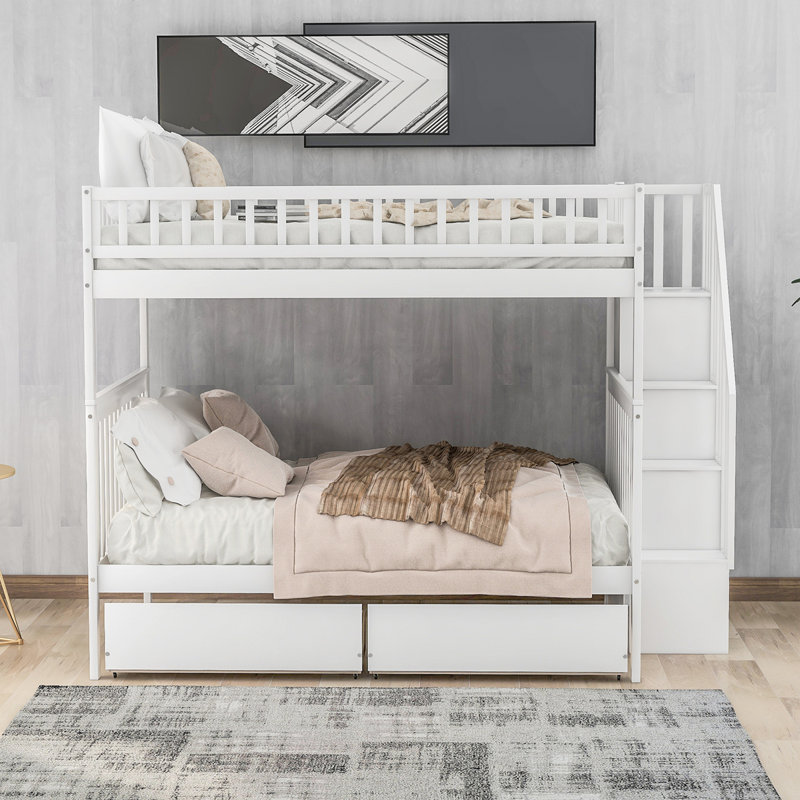 Lit superposé avec deux tiroirs et rangement, Blanc