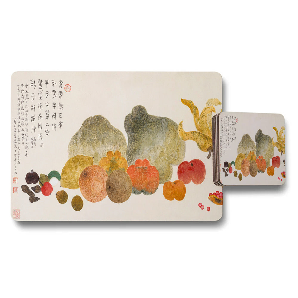 Traditional Chinese Fruit Artwork Placemat and Coaster Set