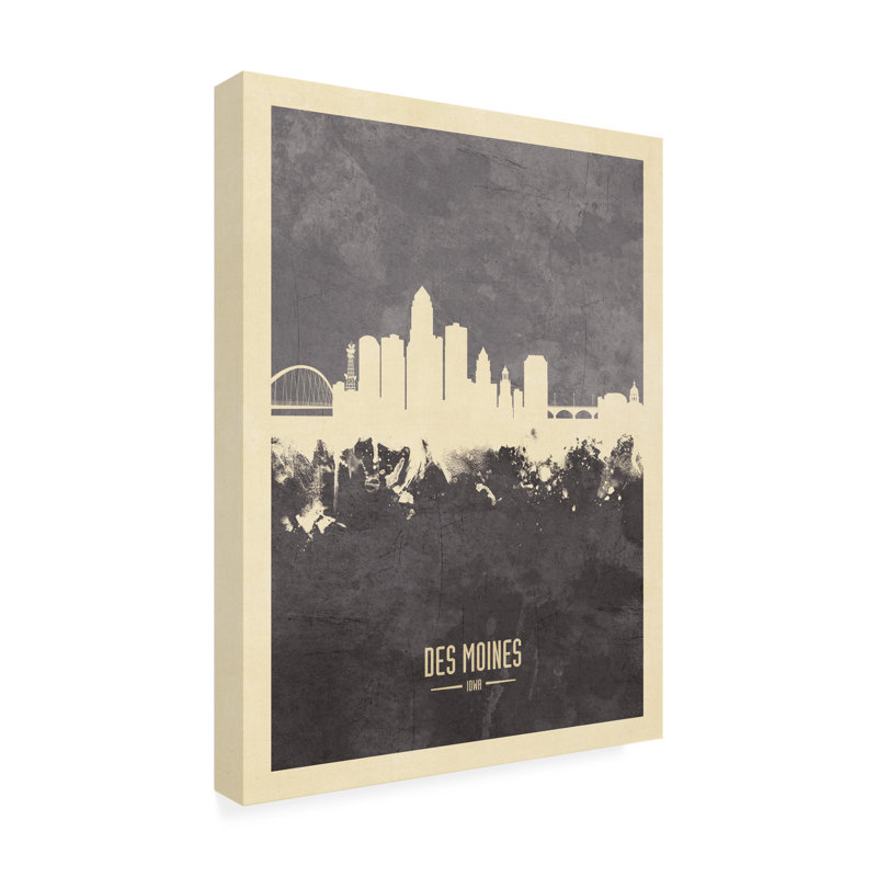 «Des Moines Iowa Skyline Gray», art de Michael Tompsett, H 24 po x l 18 po x P 2 po