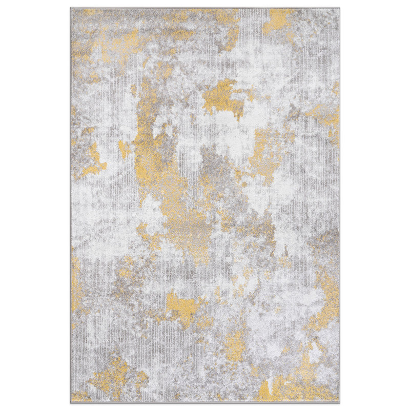 Slavejka Abstract Gray/Yellow/Ivory Area Rug, Rectangle 5' x 7'