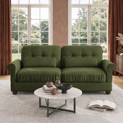 Modern 2-Seat Ruffled Edge Loveseat Sofa, Soft Chenille Padded Couch with Throw Pillows for Small Space, Brown