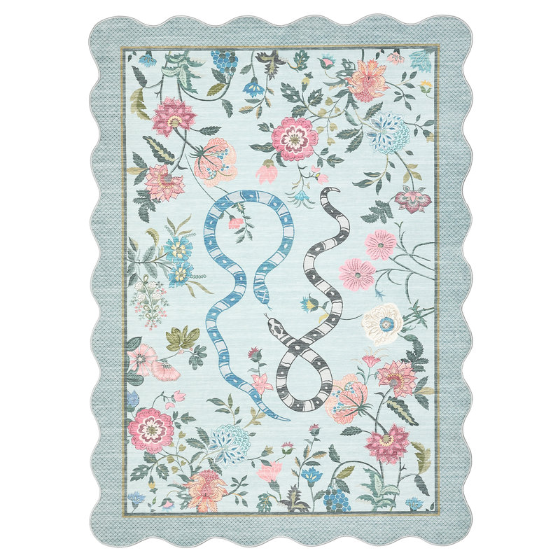 Farmhouse Floral Rug Washable Rug Non Slip Modern Scalloped Carpet, Soft Non Shedding Indoor Carpet, Low Pile Thin Foldable Printed Mat