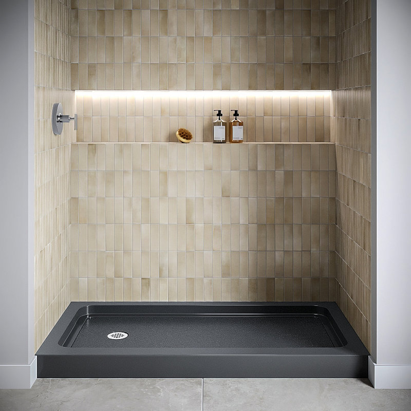 Base de douche 60 po x 32 po Alcove en acrylique noir brillant avec drain à gauche, drain inclus, Noir lustré