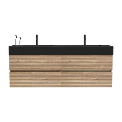 Meuble-lavabo de 60 po (30 po * 2) avec lavabo en quartz noir mat et tiroirs en chêne brut, meuble-lavabo mural flottant pour salle de bain moderne, sans drain ni robinet