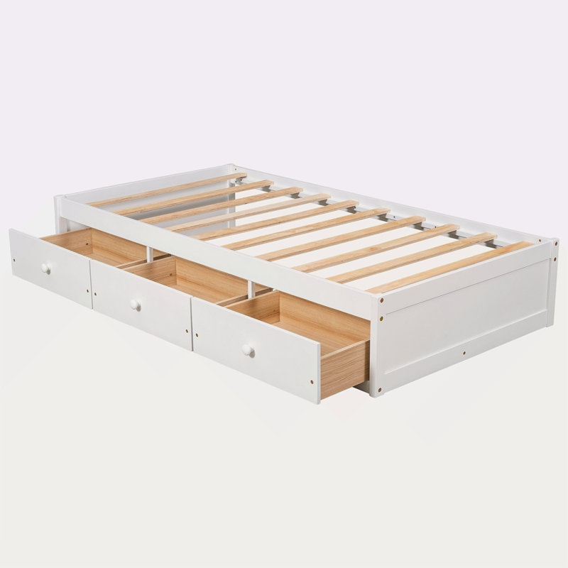 Lit plateforme simple avec rangement et 3 tiroirs, Blanc