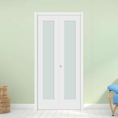 1-3/8" Door Thickness 1 Lite Full-lite Frosted Glass Solid Core Bi-fold Doors With Hardware Kit