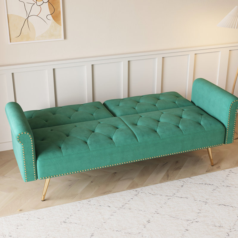 69,7 po de long, velours, lit 2 places, chambre à coucher, style moderne, garniture cloutée, pieds en métal doré, dossier et siège en éponge, assemblage en un rien de temps, méthode simple