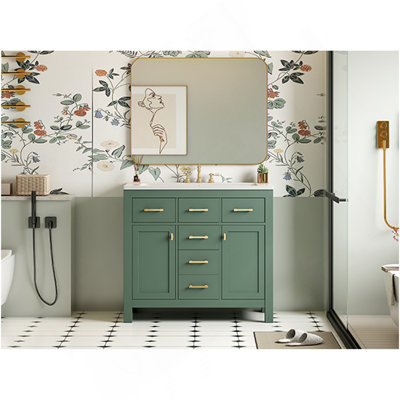 Ensemble de meuble-lavabo 36 po avec lavabo en céramique 36 po, meuble-lavabo simple autoportant moderne avec 4 tiroirs et 2 armoires, meuble de rangement pour la salle de bain, ensemble de meuble-lavabo à cadre en bois, vert