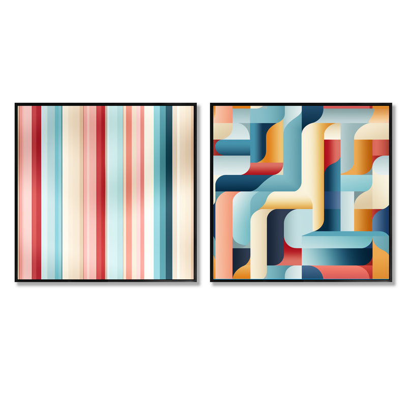 Casler - Ensemble de 2 collages carrés à formes abstraites, Cadre flottant noir, H 16 po x l 33 po