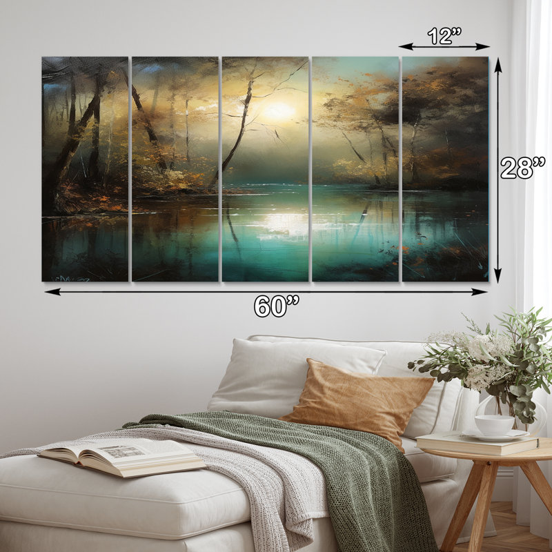 Mystérieux coucher de soleil brumeux sur le lac Teal I - salon d'art mural Lakehouse - 5 panneaux égaux